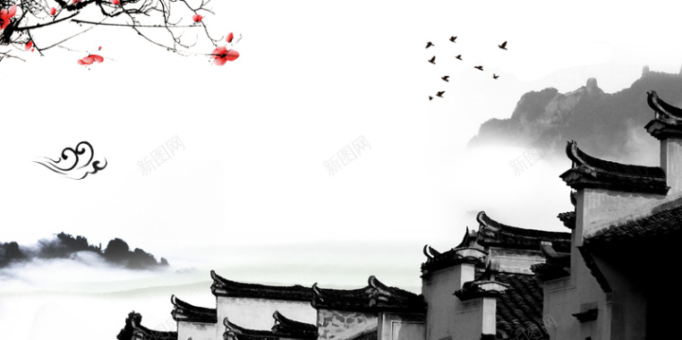中国风古韵徽派建筑平面广告背景