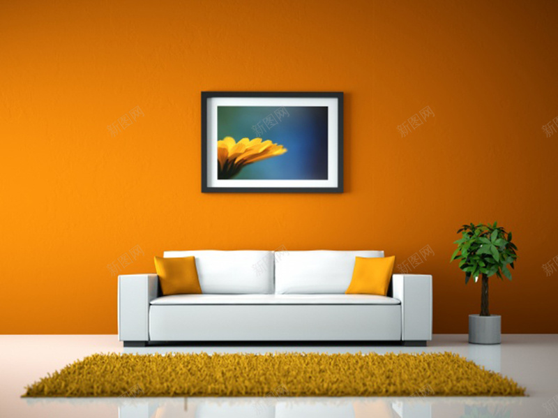 暖橙色调家居背景图psd设计背景_88icon https://88icon.com 抱枕 时尚 暖色调 橙色 沙发 画框 纯白色 绿植 背景