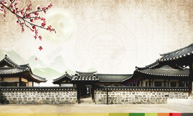 韩国围墙别院桃花印刷背景背景