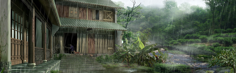 下雨林间小屋背景