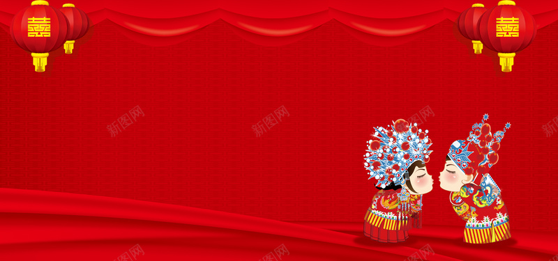 中式婚礼纹理卡通红色banner背景背景