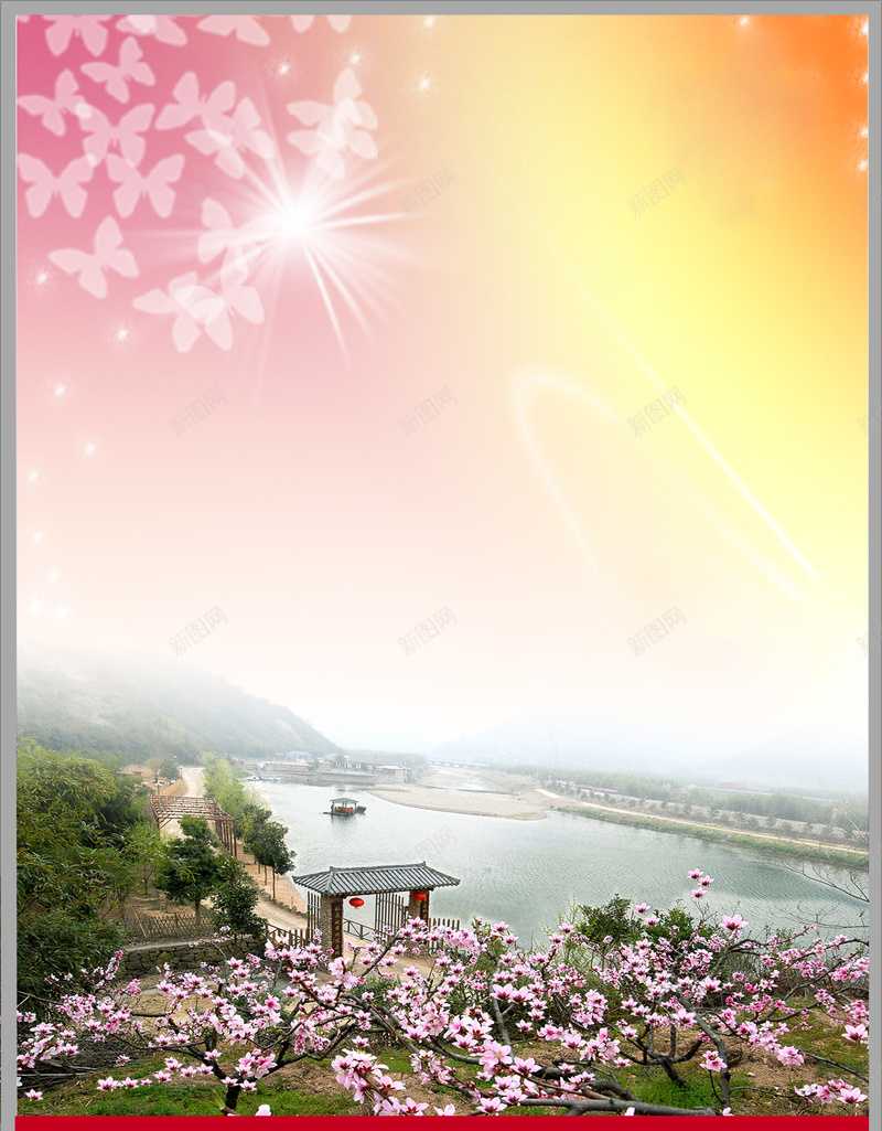 风景图桃花海报背景psd设计背景_88icon https://88icon.com 农庄 农庄风景图 包装设计 广告设计模板 手工精制图章 桃花 源文件 牛轧糖 粉红色底纹 风景图