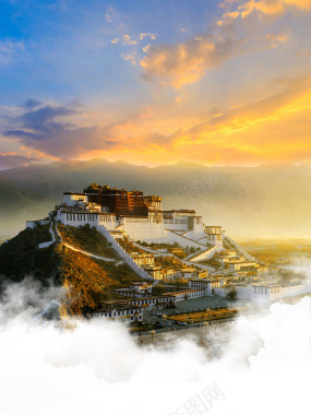 蓝天白云风景黄昏宫殿建筑西藏背景背景