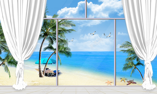 海景窗帘椰树海滩海报背景背景