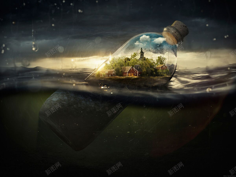 大气简约瓶子创意海报背景jpg设计背景_88icon https://88icon.com 创意 合成 和谐 大气梦幻 宁静 平和 房子 摄影 海洋 瓶子 蓝色 风景