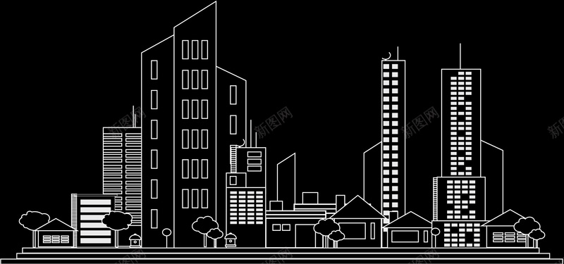 黑色背景手绘城市建筑banner背景