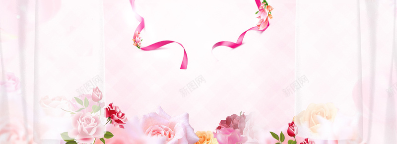 春季唯美花朵窗帘渐变粉色banner背景