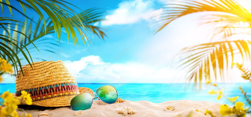 海边summer椰子树叶草帽沙滩背景摄影图片