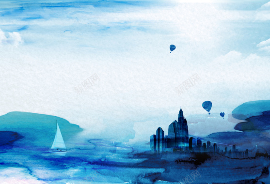 蓝色水彩风格山水建筑风景画册封面背景背景