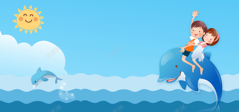 61儿童节海边海豚玩乐蓝色背景背景
