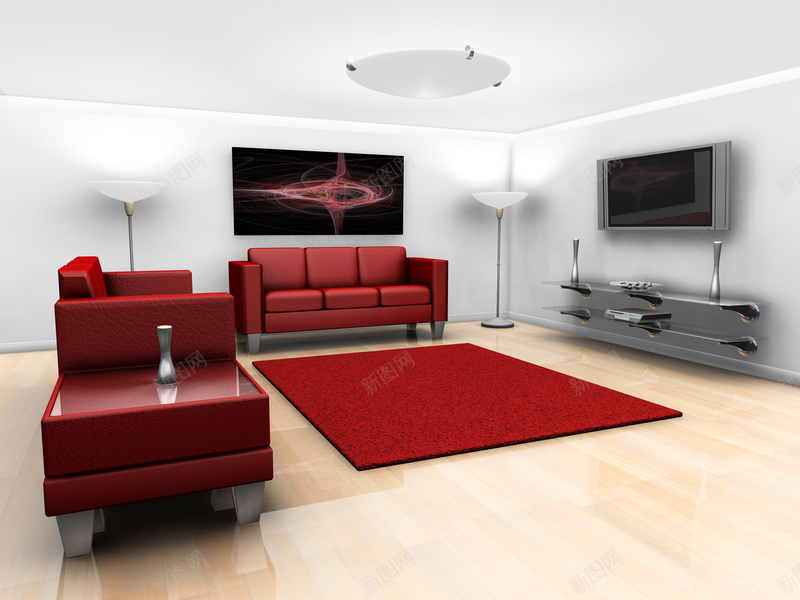 时尚潮流大厅家居装修jpg设计背景_88icon https://88icon.com 室内设计 家具 家居 桌子 椅子 沙发 潮流 灯 灯光家居 电视 红色地毯 红色沙发 装修