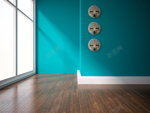 落地窗木地板与蓝色的墙壁背景背景