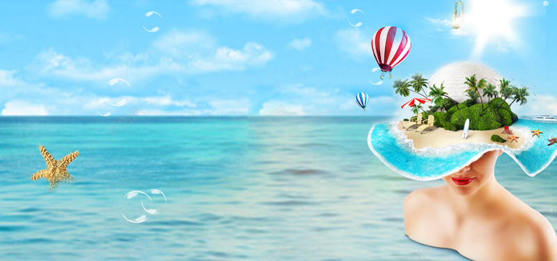 夏天马尔代夫海边度假创意帽子蓝色背景背景