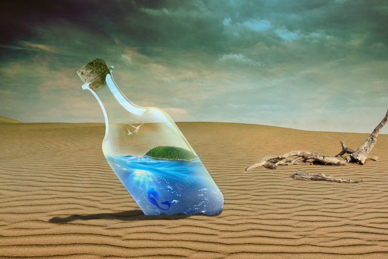 沙漠中的瓶中海jpg设计背景_88icon https://88icon.com 创意 沙漠 海 瓶