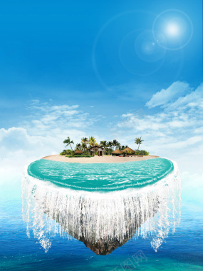 蓝天白云创意广告海面岛屿瀑布背景背景