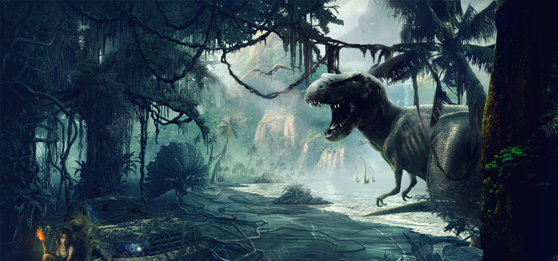 合成大恐龙进入森林背景