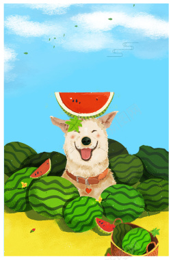 传统节气之夏至狗狗吃西瓜插画海报背景