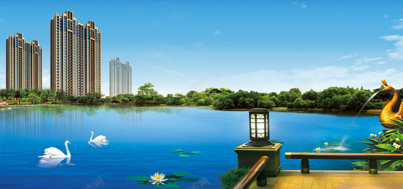 高端大气湖景花园洋房海报背景