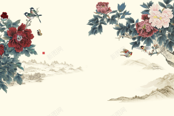 水墨绘画牡丹中式壁纸装饰背景背景