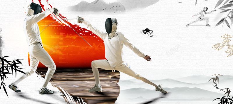 简易水墨中国风体育运动击剑宣传海报背景