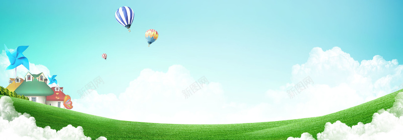 全屏海报背景psd设计背景_88icon https://88icon.com 卡通 房屋 手绘 氢气球 海报banner 童趣 绿色背景 草地 蓝天白云