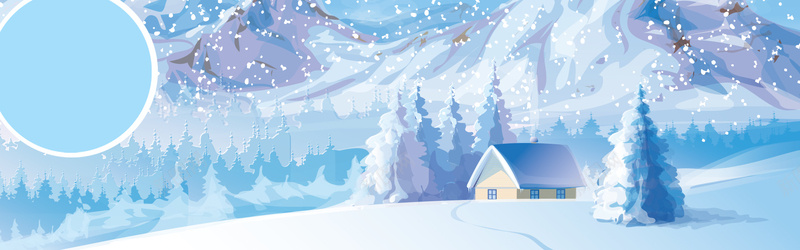 你好十二月手绘冬季村庄蓝色banner背景
