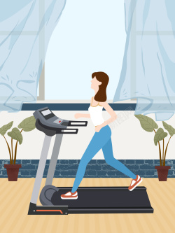 跑步机海报卡通手绘室内跑步机运动健身海报高清图片