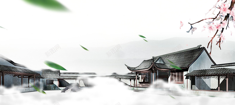 中国风建筑桃花绿叶文艺黑白背景背景