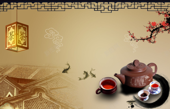 中国风窗檐纹理灯笼茶盘茶道海报背景背景