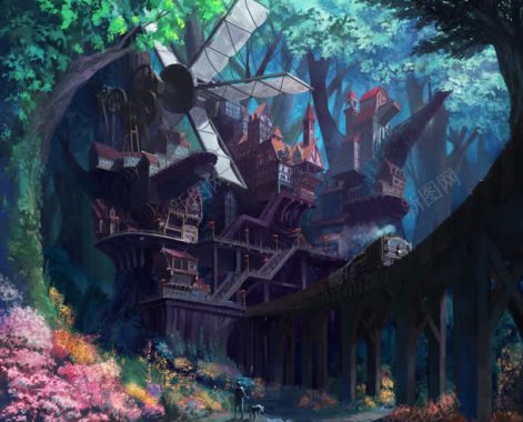 幻想森林里的城堡城镇插画背景