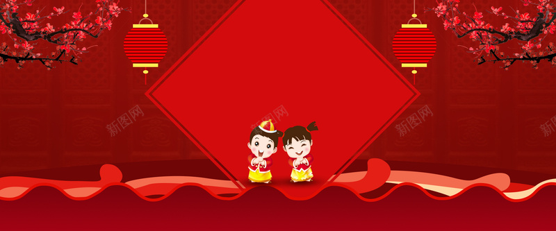 春节小孩纹理红色banner背景背景
