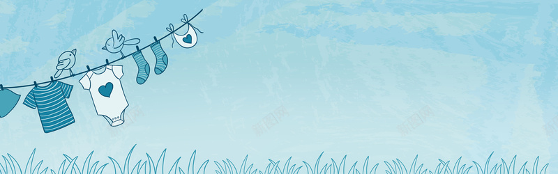 蓝色晾衣绳插画jpg设计背景_88icon https://88icon.com 卡通 小鸟 心型 手绘 斑驳 海报banner 童趣 衣服 袜子