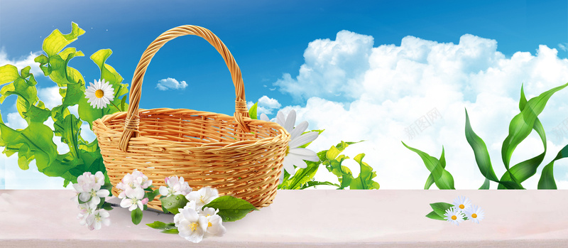 春天文艺小清新篮子蓝bannerpsd设计背景_88icon https://88icon.com 大气 小清新 广告 开春 文艺 春天 春季 活力 白云 简约 素材 绿色 背景 蓝天 设计 踏春