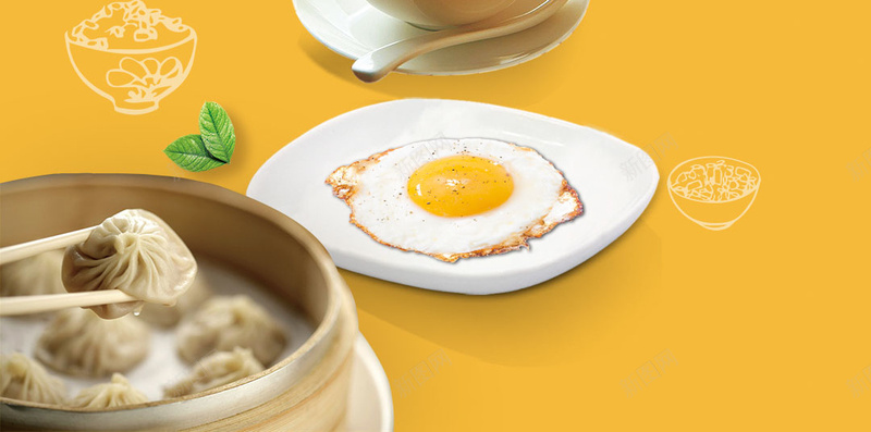 汤包煎蛋豆浆油条馄饨美味早餐psd设计背景_88icon https://88icon.com 早餐 汤包 油条 煎蛋 美味 豆浆 餐饮 馄饨 黄色
