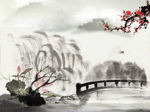 中国风古风小桥流水背景背景