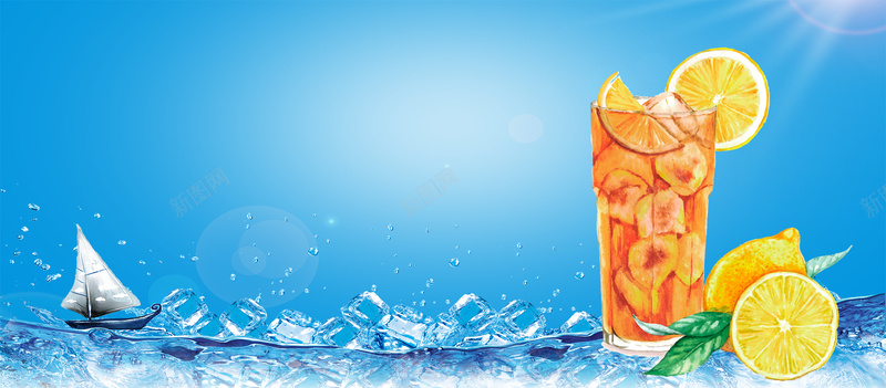 夏日冰爽橙汁蓝色背景背景