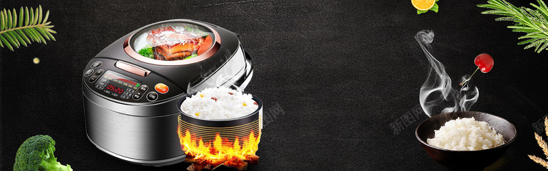 电饭煲促销简约质感黑色bannerpsd设计背景_88icon https://88icon.com 促销海报 全屏海报 厨房用品 家用电 家电 橙色背景 淘宝海报 电饭煲海报 节日促销海报 高压锅海报
