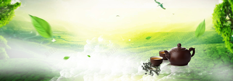 春茶节大气云层树叶景色绿banner背景