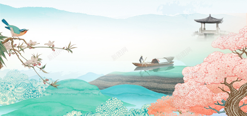 清明节蓝色唯美旅游清新bannerpsd设计背景_88icon https://88icon.com banner 唯美 小鸟 山水 清明 清明节 节日 花枝 飞叶