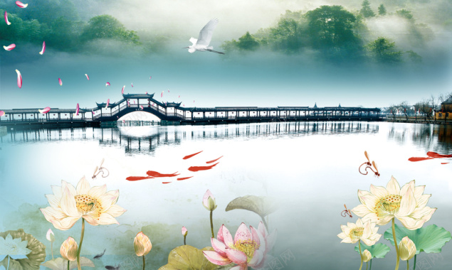 中国风莲花池上的古桥春节背景背景