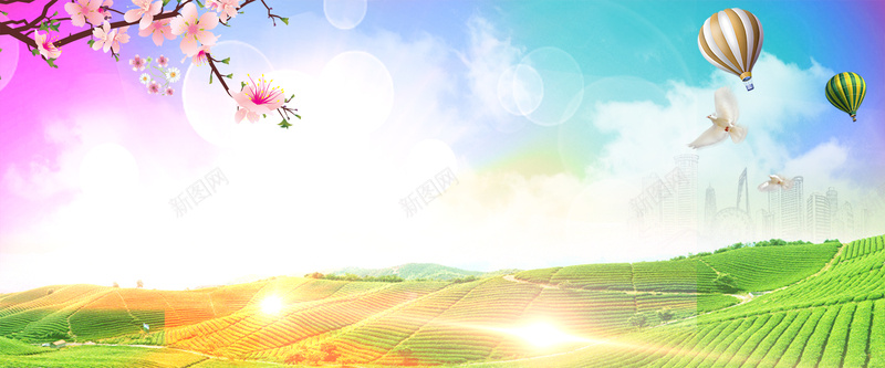 桃花气球田园天空浪漫阳光鸽子虚拟城市原野背景背景