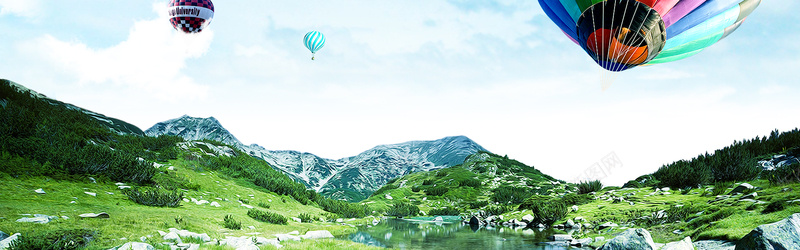 蓝天白云热气球高山背景图摄影图片