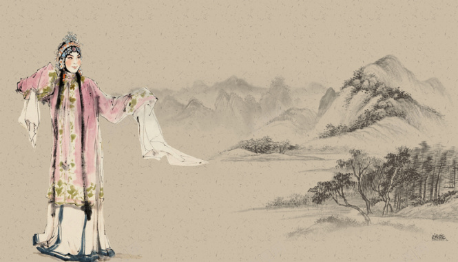 中国风戏曲人物水墨画米黄色背景背景