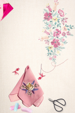 2018年粉色花卉中国风刺绣海报背景