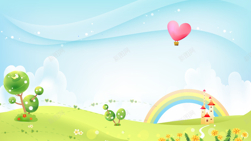 绿色手绘花草背景psd设计背景_88icon https://88icon.com 卡通 天空 彩虹 手绘 树木 气球 爱心 童趣 绿色 草原