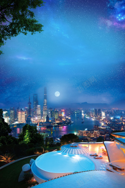 高端地产蓝色大气城市夜景房地产江景地产海报背景高清图片