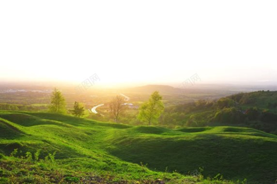 绿色凹凸草地夕阳背景