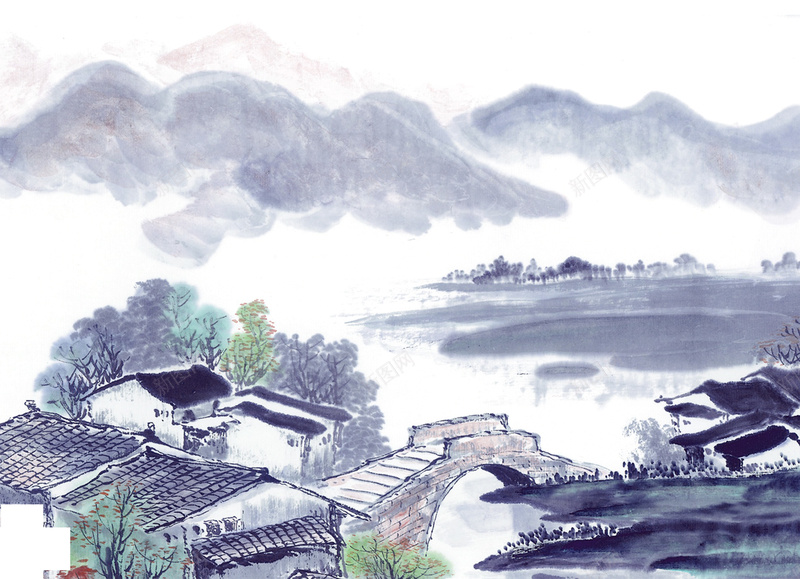 中国风水墨山水挂画jpg设计背景_88icon https://88icon.com 中国风 云雾 国画 山水 房屋 挂画 水墨 江南