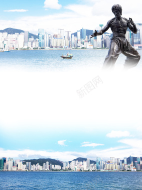 蓝色简约香港旅游特价海报背景背景