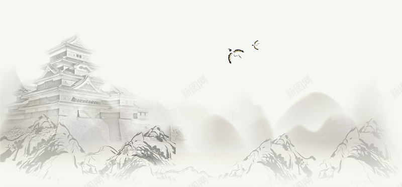 中国风水墨画山城平面广告背景